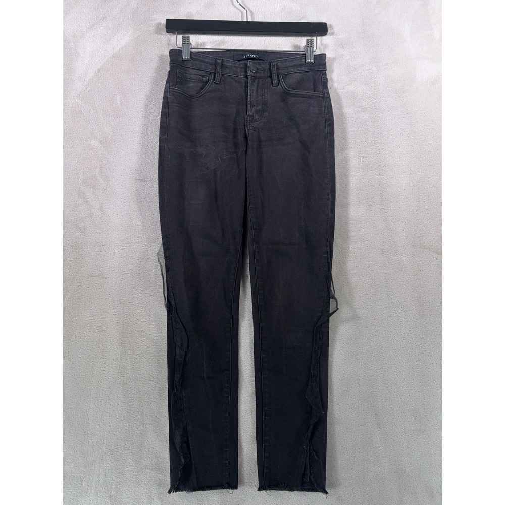 J‎ Brand Mid Rise Straight Leg Jeans Womens 25x25 Black Raw Hem Stretch